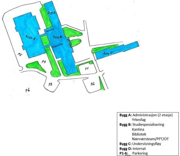 Bildet viser skisse over skolebygningene i Finnfjordbotn - Klikk for stort bilde