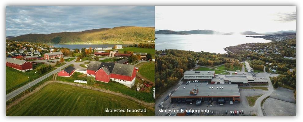 Dronebilder av skolested Gibostad til venstre og skolested Finnfjordbotn til høyre - Klikk for stort bilde