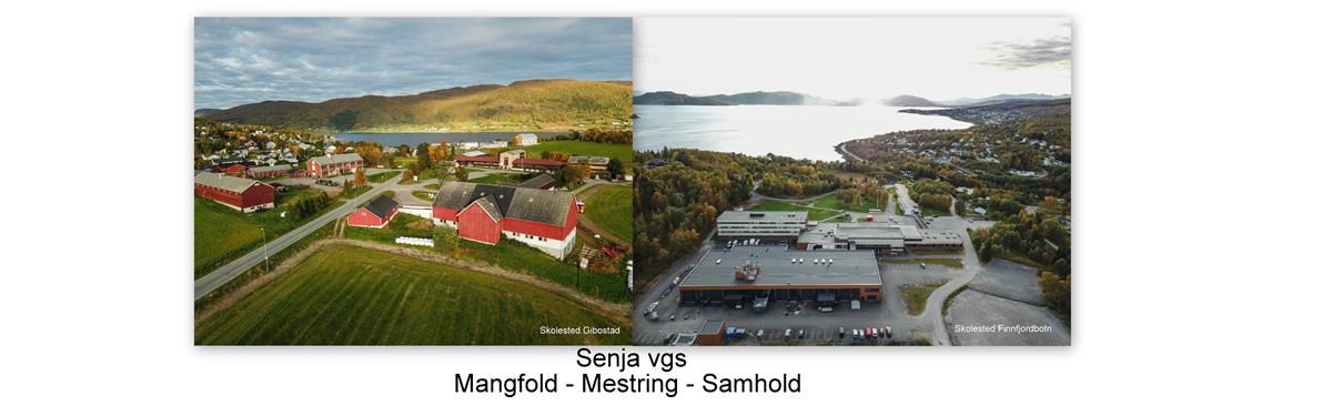 Dronebilder av skolested Gibostad til venstre og skolested Finnfjordbotn til høyre - Klikk for stort bilde