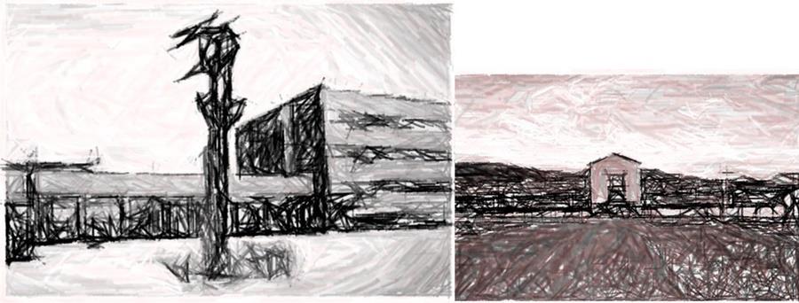 Skissetegninger av skolebyggene i Finnfjordbotn og på Gibostad - Klikk for stort bilde